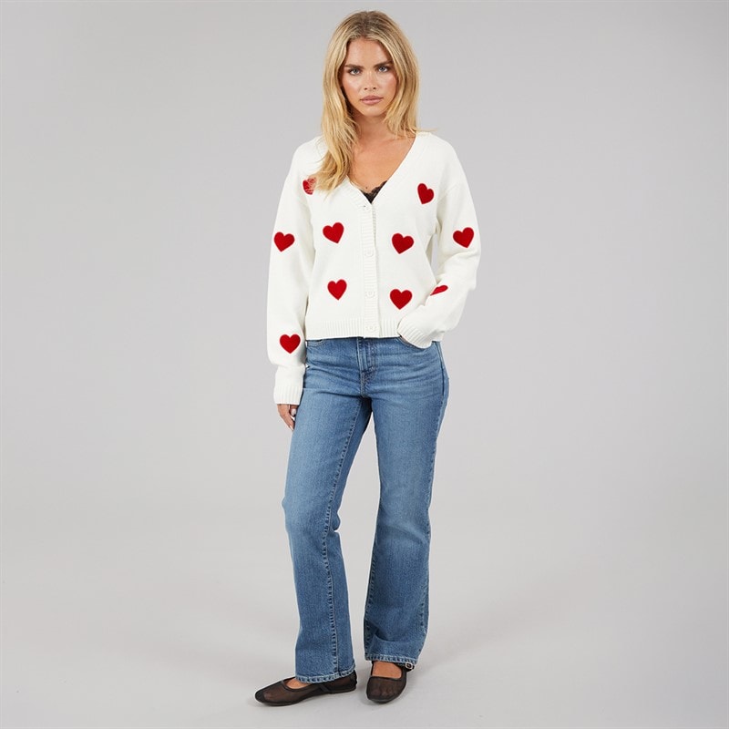 Womens Heart Appliqe Cardigan Winter White/Lipstick Red - Image 4