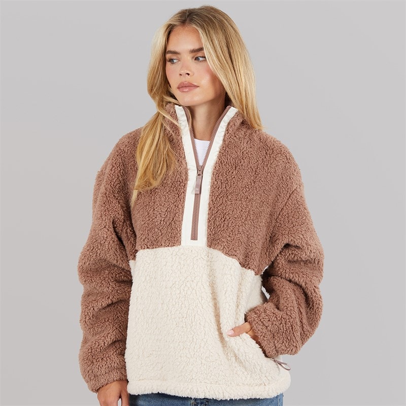 French Connection Womens Borg Block 1/2 Zip Fleece Mocha/Oatmeal