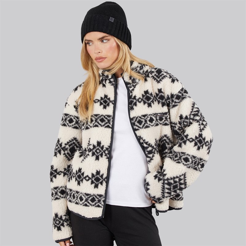 French Connection Womens Borg Aztec Zip Thru Fleece Oatmeal/Black