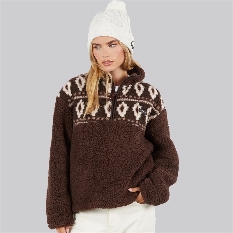 French Connection Womens Borg Fairisle Zip Fleece Chocolate