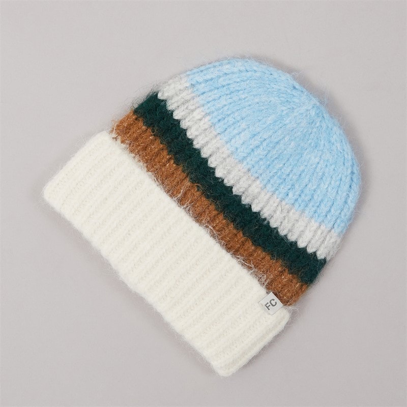 French Connection Womens Fluffy Beanie Blue/Camel Multi
