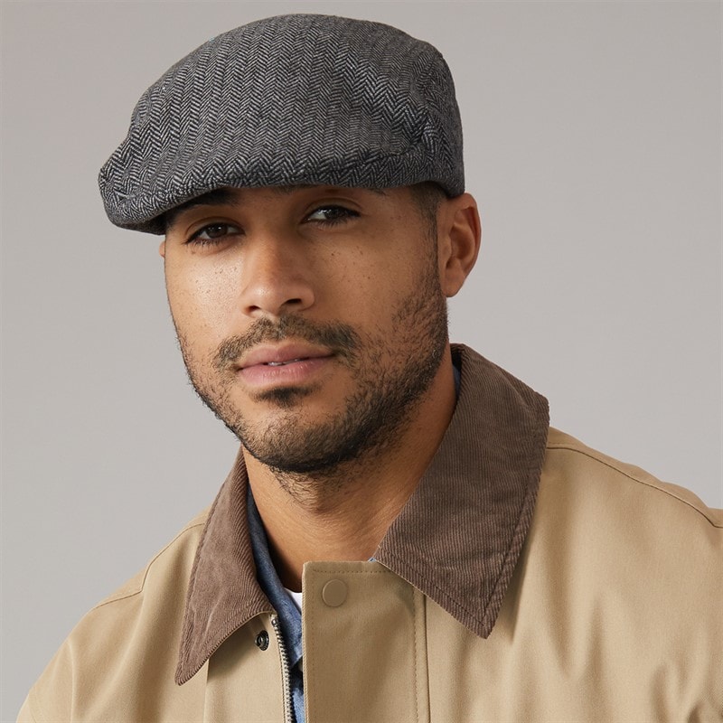 Mens Herringbone Flat Cap Charcoal Melange - Image 2