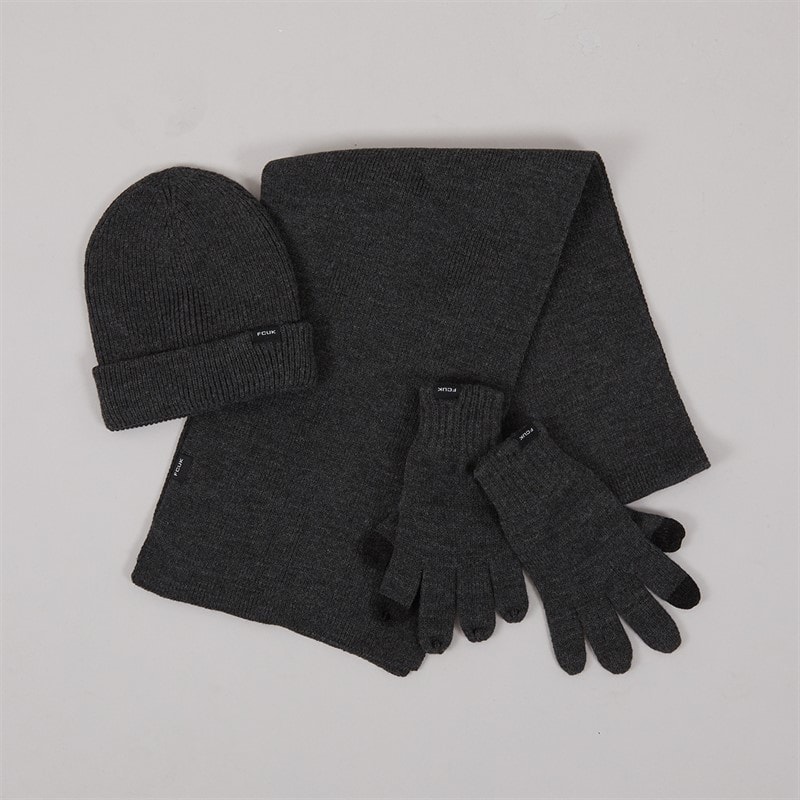 French Connection Mens FCUK Cash Beanie Scarf And Gloves Three Piece Set Charcoal Melange