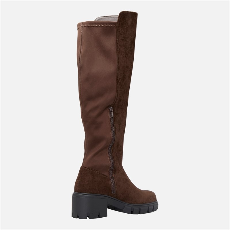 Womens Chunky Knee High Stretch Boots Brown - Image 4