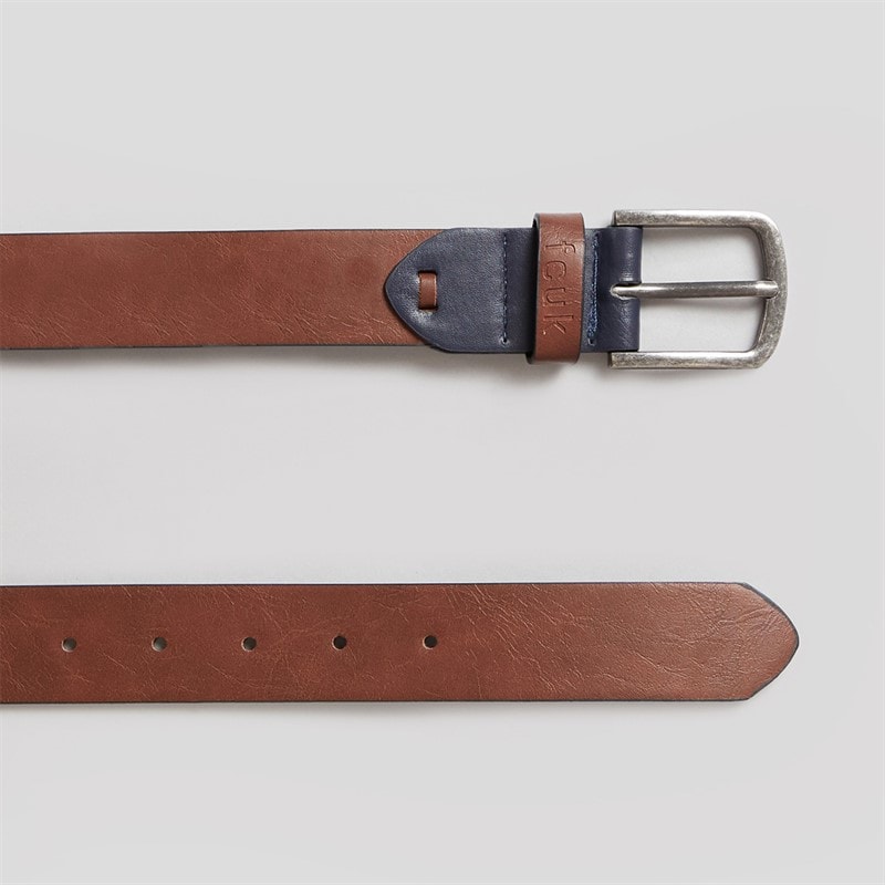 Mens FCUK Branded Keeper Buckle Belt Brown/Navy - Image 2