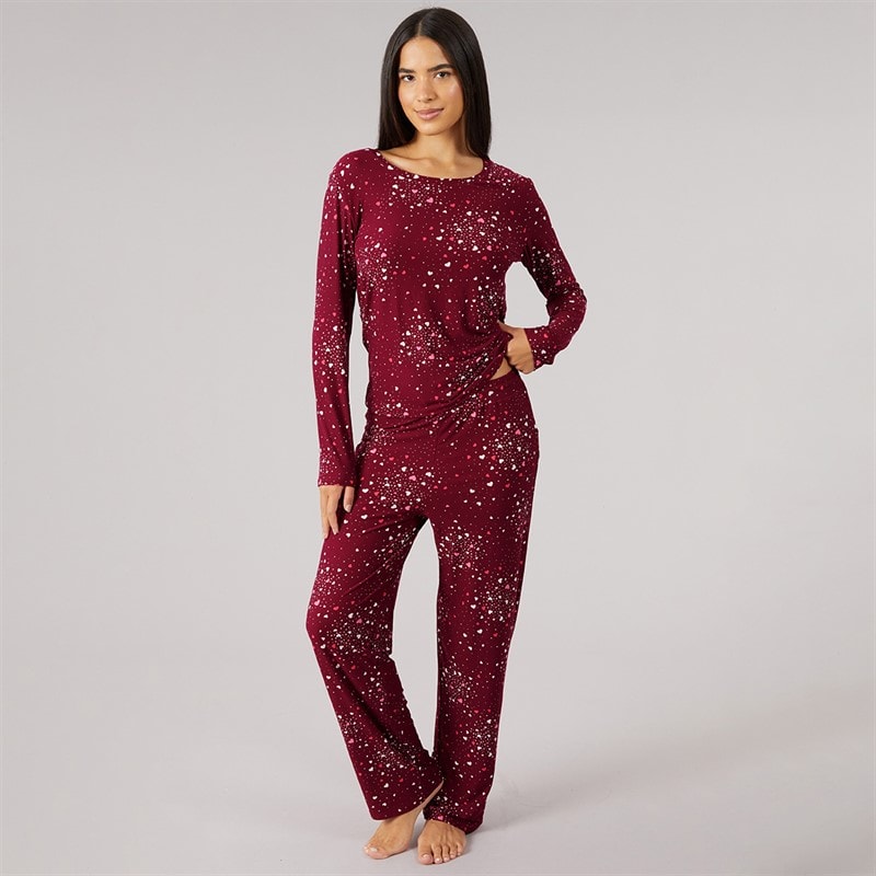 Onfire Womens Soft Touch Scatter Heart Pyjama Burgundy - Image 1