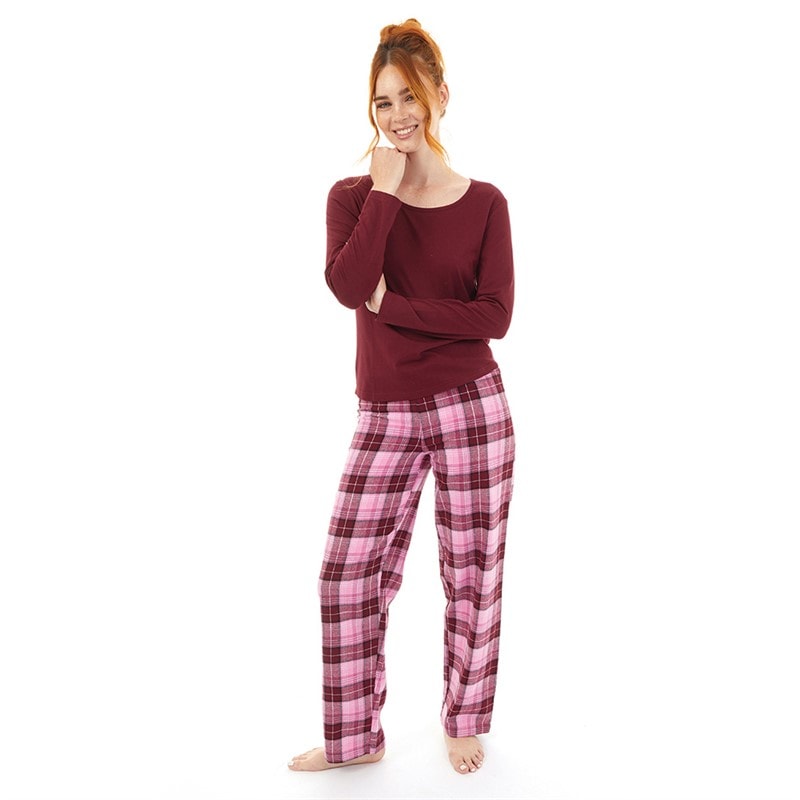 Womens Long Sleeve Top And Check Pants Set Bugundy - Image 4