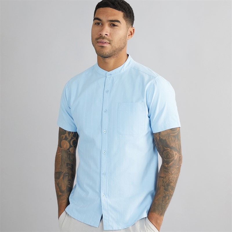 Mens Dobby Collarless Shirt Light Blue - Image 1
