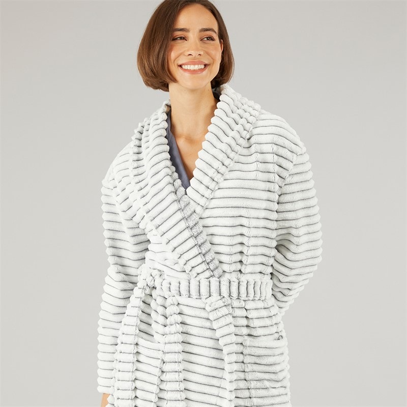 Womens Frosted Fleece Ribbed Dressing Gown Grey - Image 3