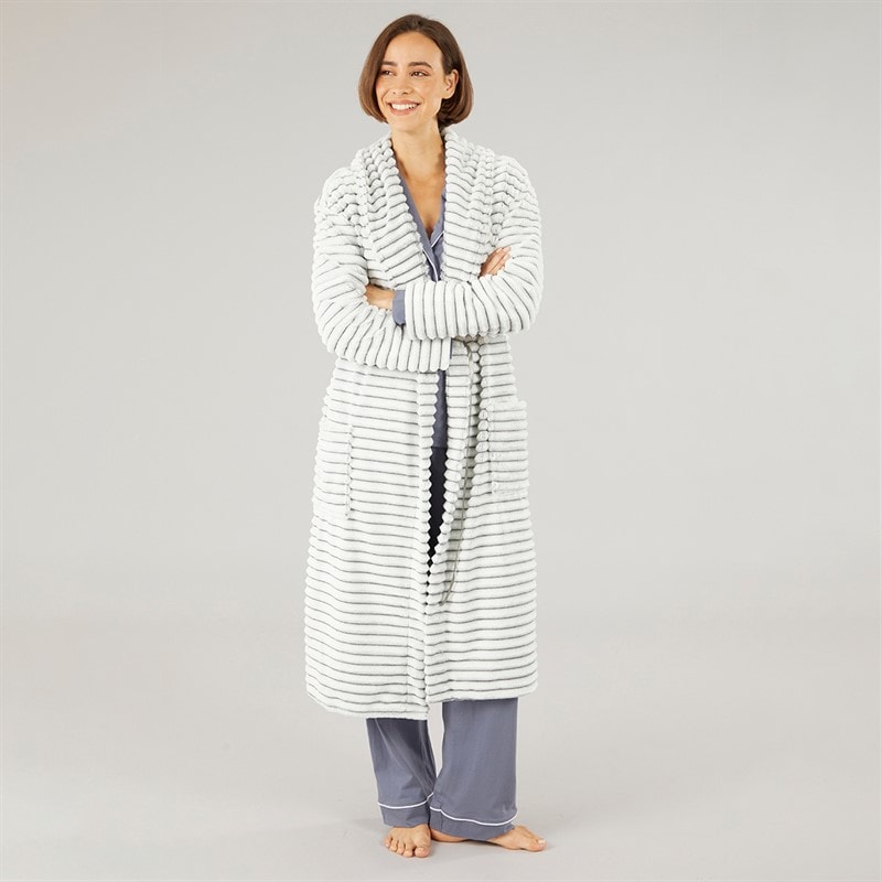 Womens Frosted Fleece Ribbed Dressing Gown Grey - Image 4