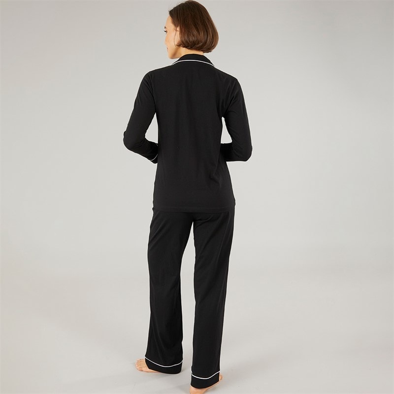 Womens Button Up Pyjama Set Black/White - Image 2