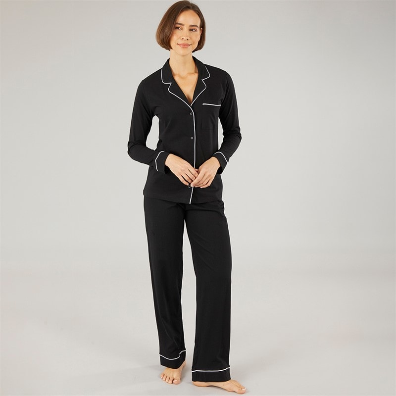 Womens Button Up Pyjama Set Black/White - Image 3