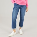 Womens Elasticated Waist Roll Up Jeans Mid Wash