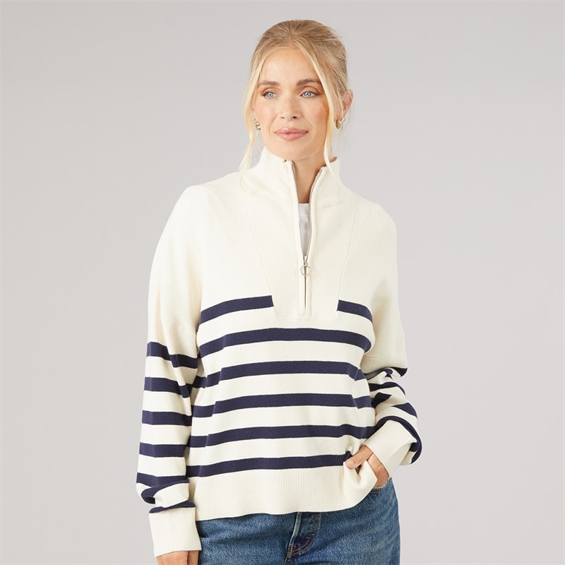 Womens Hibiscus Stripe Half Zip Jumper Ivory/Navy Stripe - Image 3