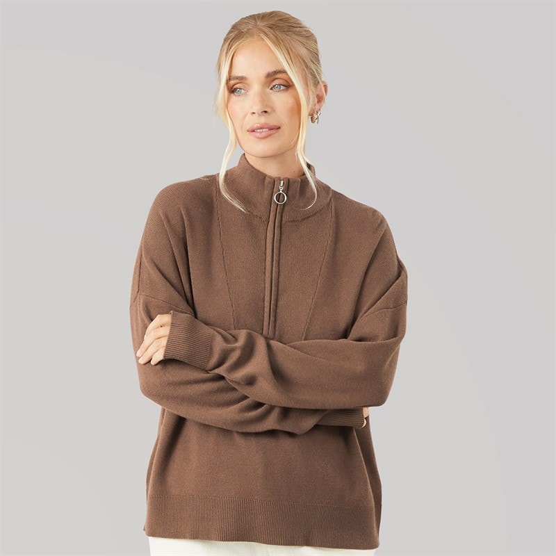 Womens 1/4 Zip Knitted Jumper Chocolate - Image 3