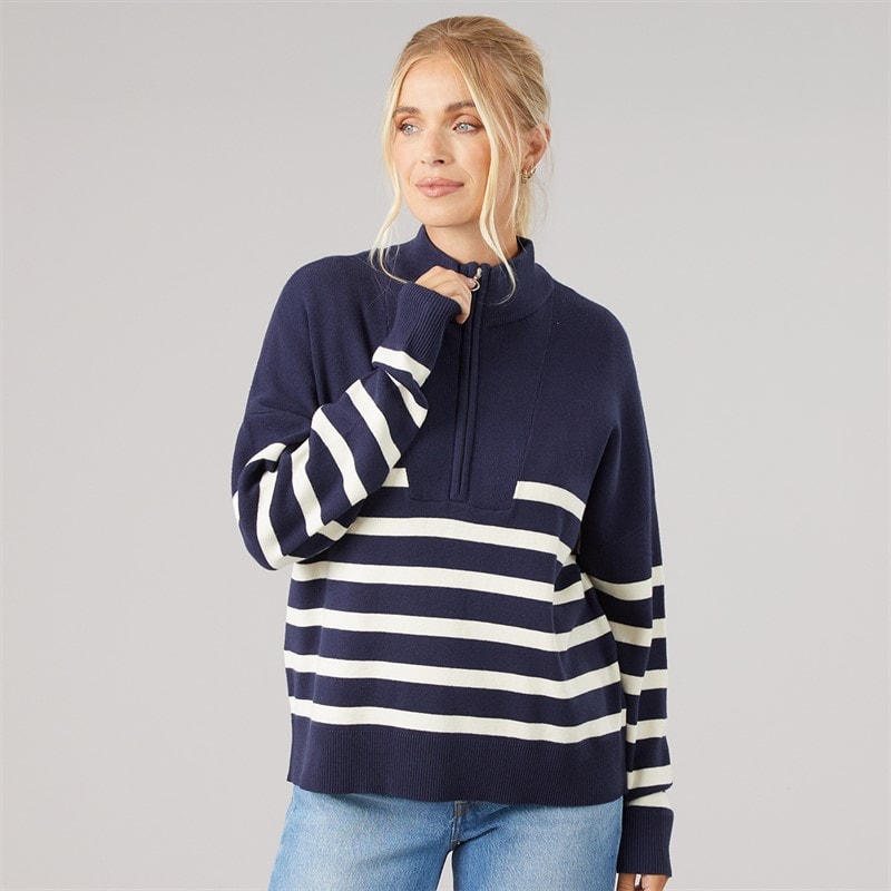 Womens Hibiscus Stripe Half Zip Jumper Navy/Ivory Stripe - Image 3