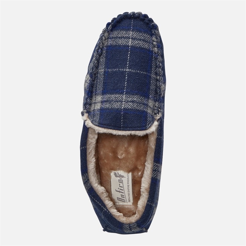 Mens Memory Foam Driving Moccasin Slippers Navy Check Flannel - Image 4