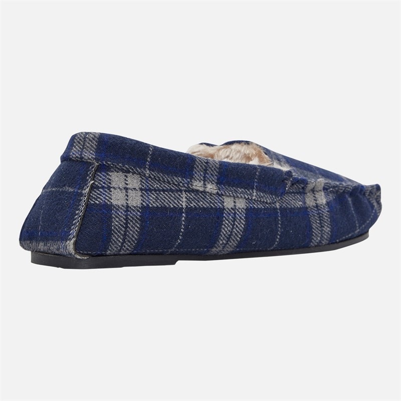 Mens Memory Foam Driving Moccasin Slippers Navy Check Flannel - Image 5