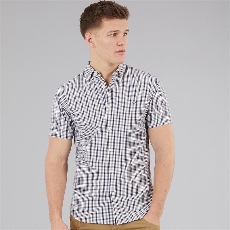 883 Police Mens Lachtcarn Gingham Short Sleeve Shirt Navy/Camel