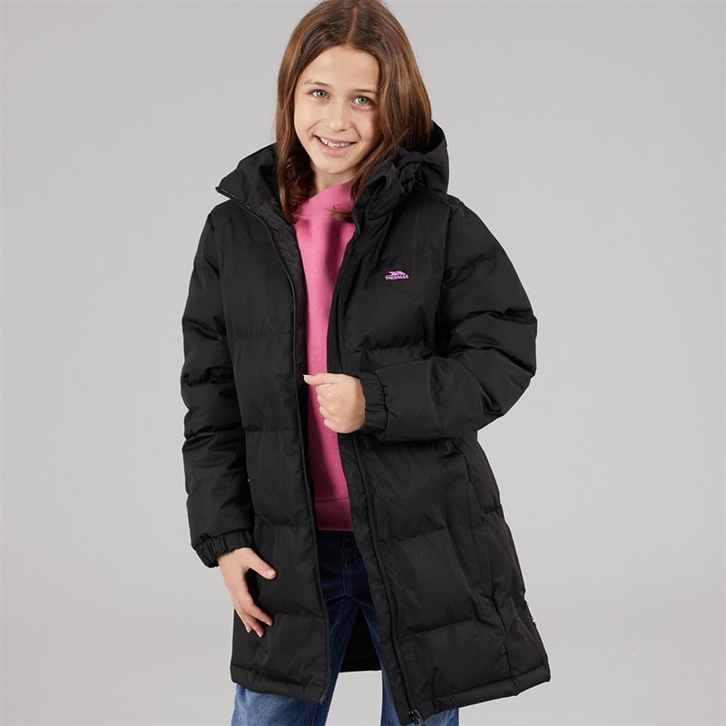 Girls Tiffy Waterproof Long Padded Hooded Coat Black - Image 1