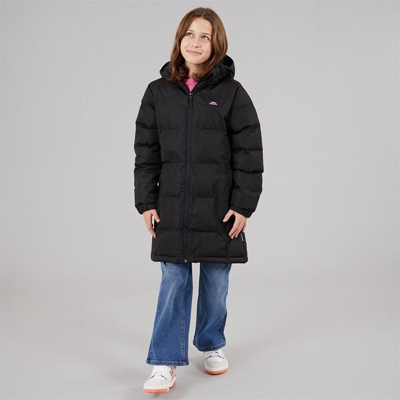 Girls Tiffy Waterproof Long Padded Hooded Coat Black - Image 4