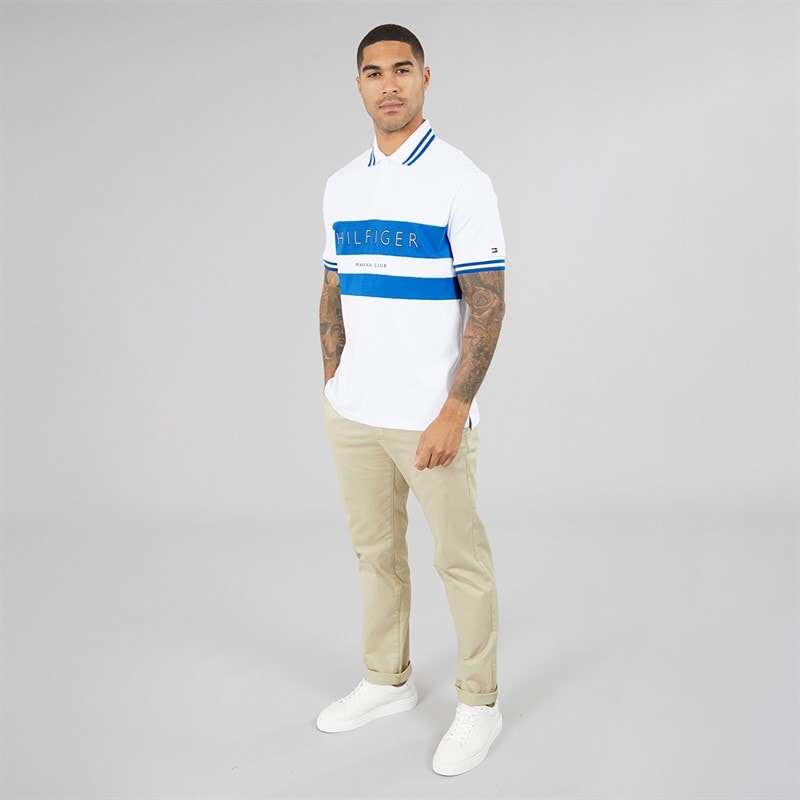Mens Chest Branding Polo Shirt White/Liberty Blue - Image 3
