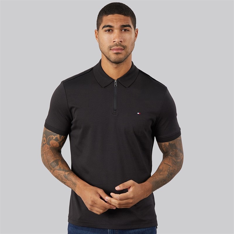 Mens Interlock Zip Reg Polo Shirt Black - Image 3