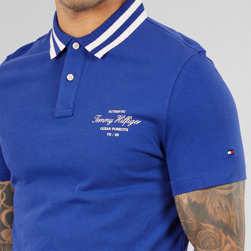 Mens Left Chest Graphic Polo Shirt Pigment Blue - Image 3
