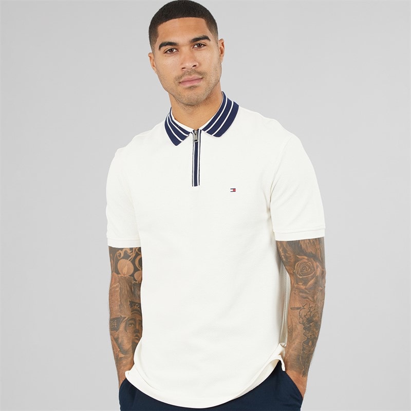 Tommy Hilfiger Mens Zip Placket Classic Polo Shirt Ivory Petal