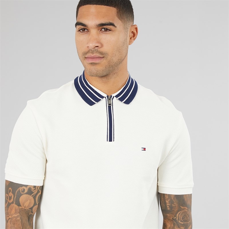 Mens Zip Placket Classic Polo Shirt Ivory Petal - Image 3