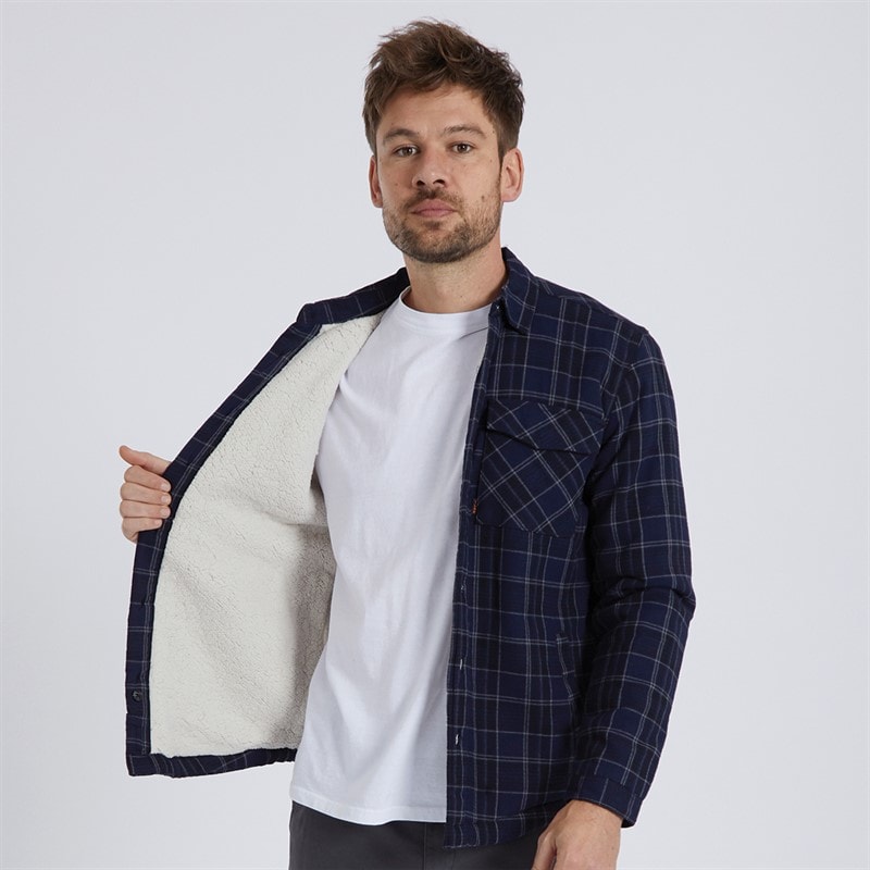 Tokyo Laundry Mens Tornio Sherpa Lined Cotton Flannel Checked Overshirt Blue
