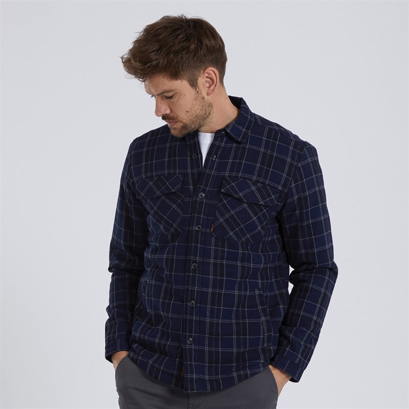 Mens Tornio Sherpa Lined Cotton Flannel Checked Overshirt Blue - Image 3