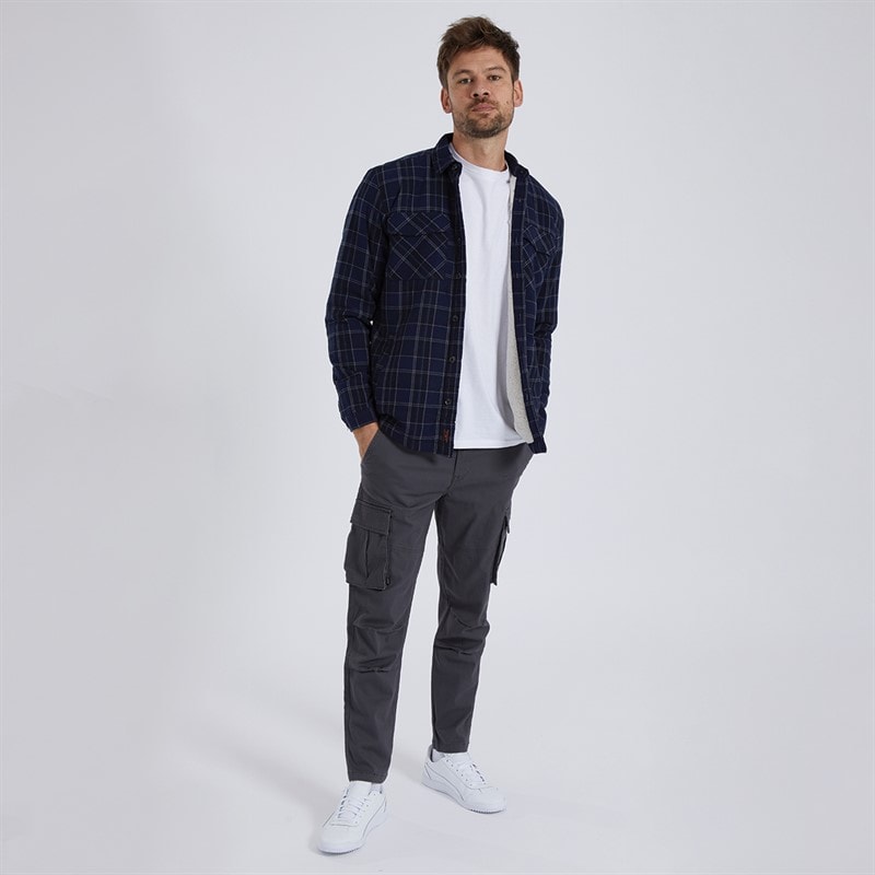 Mens Tornio Sherpa Lined Cotton Flannel Checked Overshirt Blue - Image 4