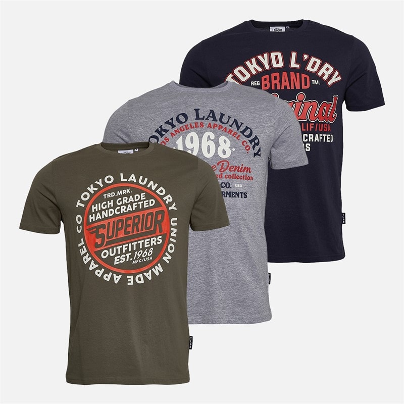 Tokyo Laundry Mens Original Three Pack Graphic T-Shirts Multi