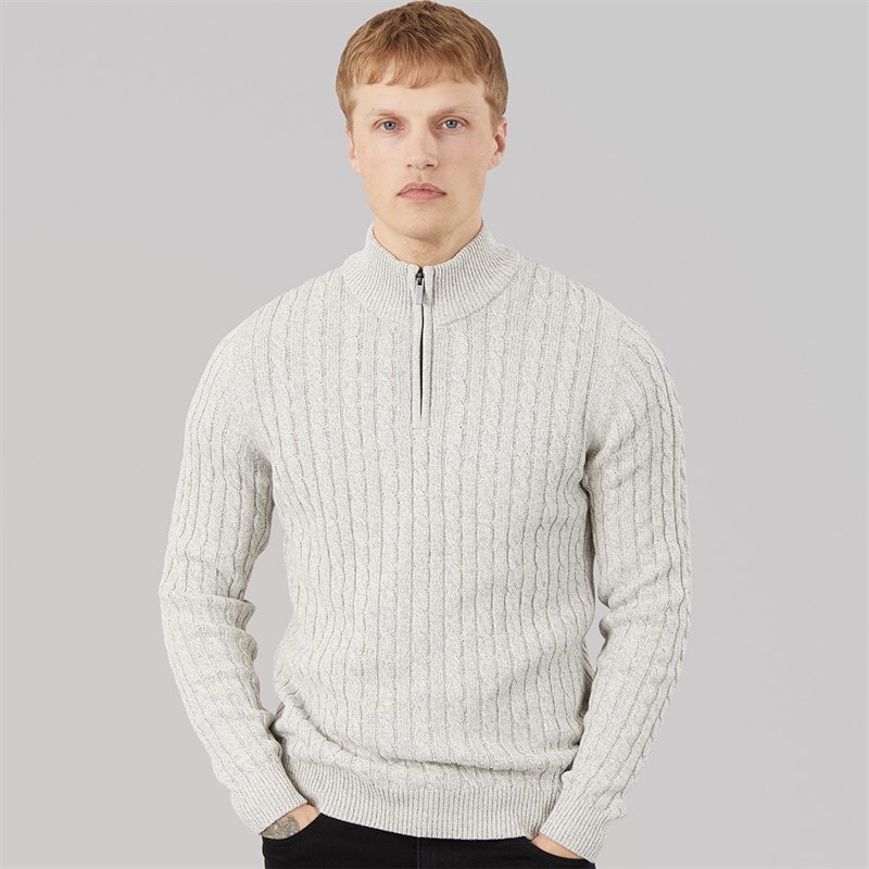 Tokyo Laundry Mens Darren 1/4 Zip Jumper Ecru/Mid Grey Marl