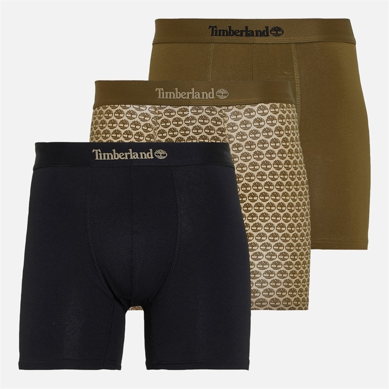 Timberland Mens Three Pack Boxer Trunks Black/Olive/Print