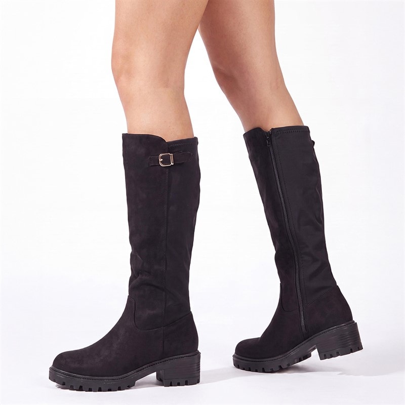 Truffle Collection Womens Chunky Knee High Boots Black Micro