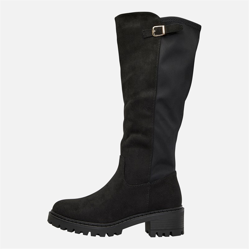 Womens Chunky Knee High Boots Black Micro - Image 2