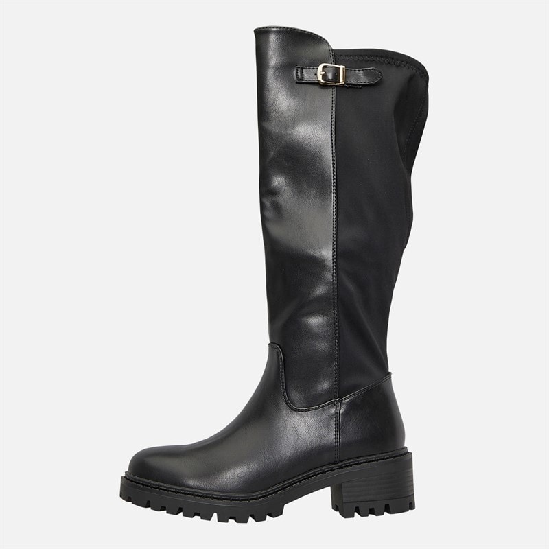 Womens Chunky Knee High Boots Black PU - Image 2
