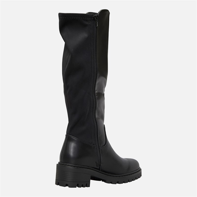 Womens Chunky Knee High Boots Black PU - Image 5