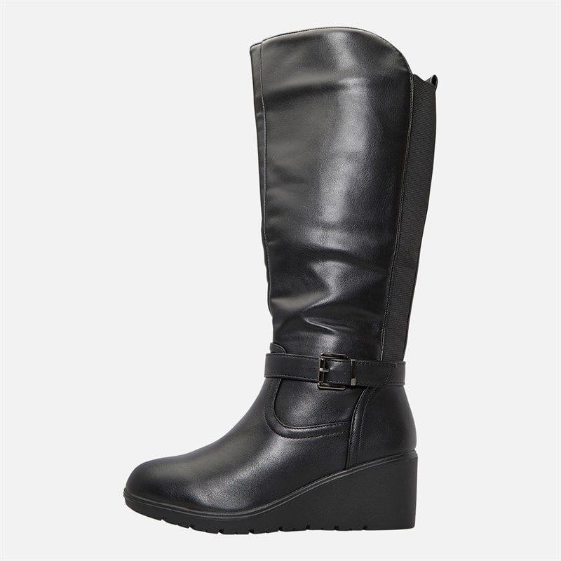 Womens Knee High Wedge Boots Black PU - Image 2