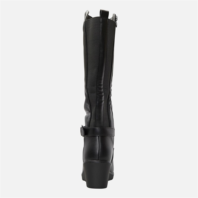 Womens Knee High Wedge Boots Black PU - Image 4