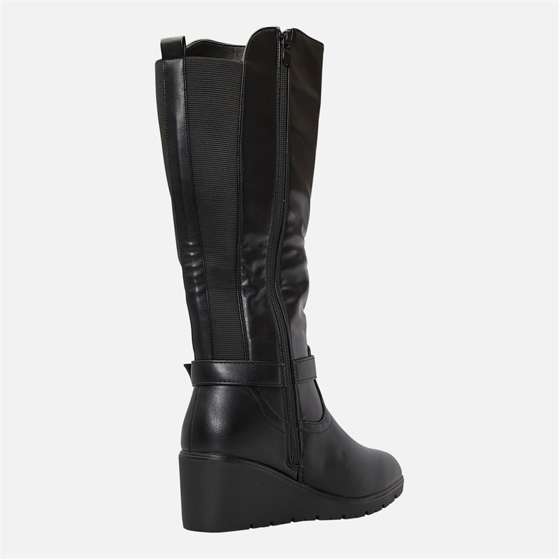 Womens Knee High Wedge Boots Black PU - Image 5