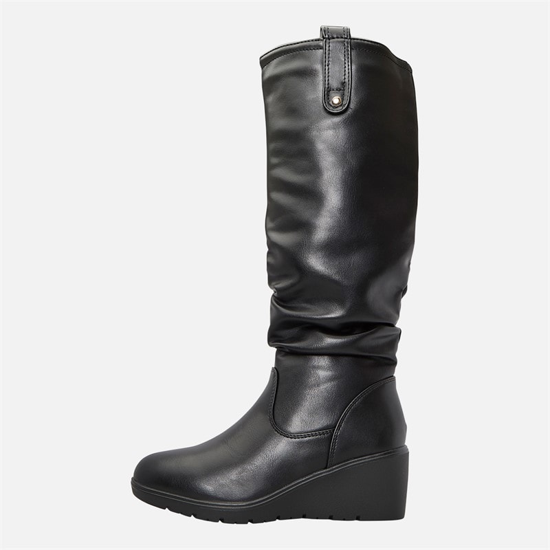 Womens Knee High Slouch Wedge Boots Black PU - Image 2