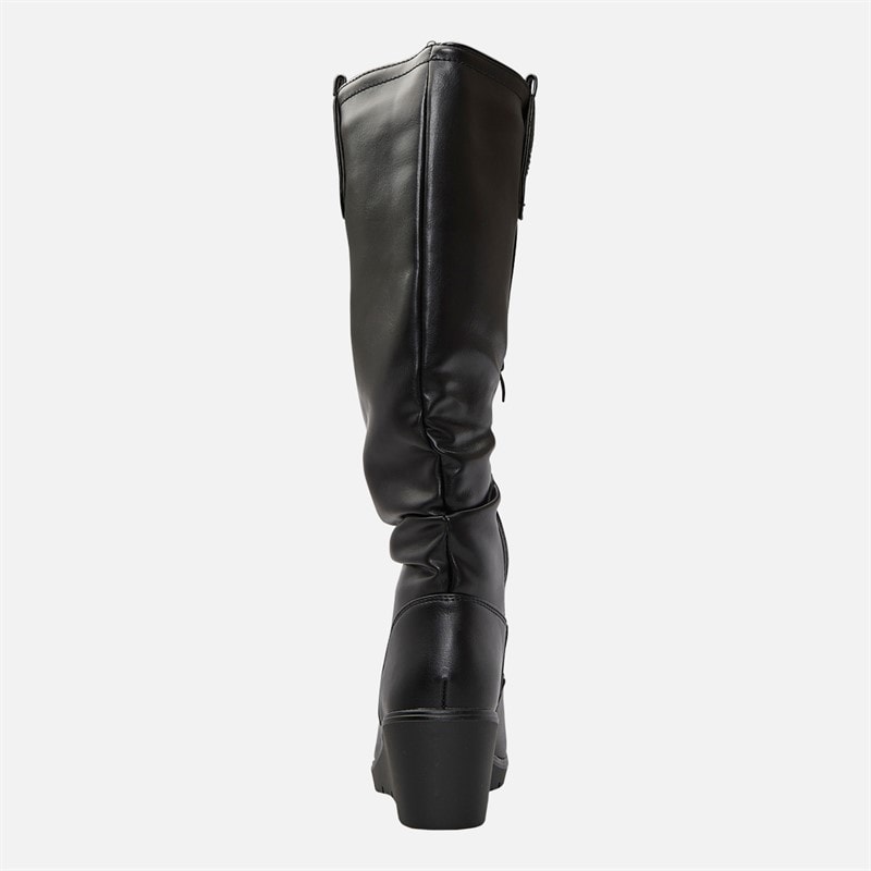 Womens Knee High Slouch Wedge Boots Black PU - Image 4
