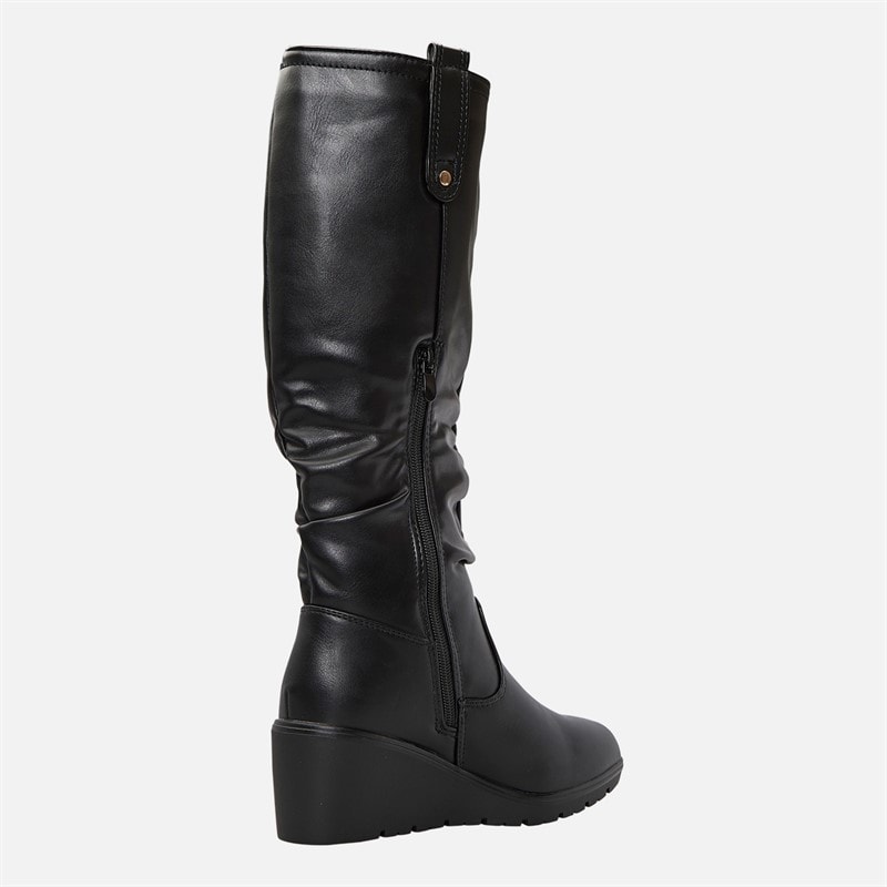 Womens Knee High Slouch Wedge Boots Black PU - Image 5