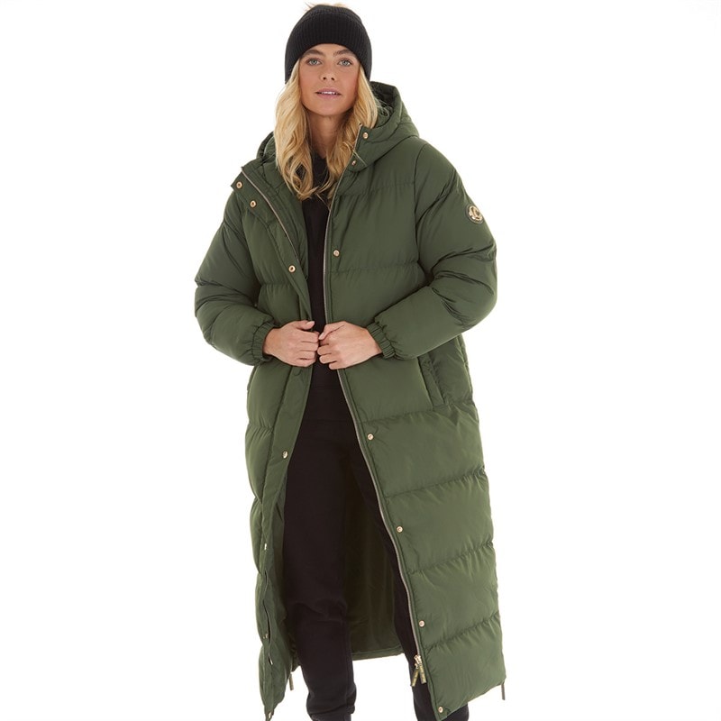 Womens Cleo Maxi Puffer Hooded With Gold Trims Khaki - Image 1
