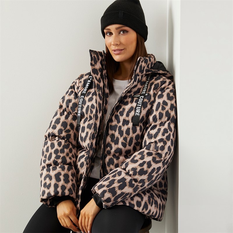 L'amore Couture Womens Nevada Short Puffer Leopard