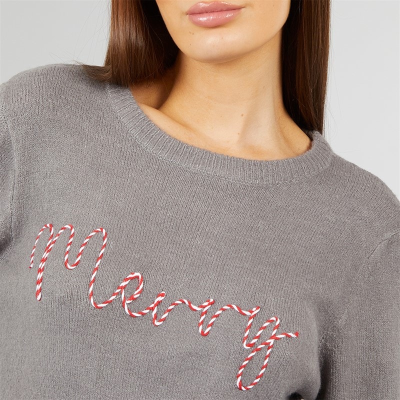 Womens Merry Christmas Jumper Grey Marl - Image 3
