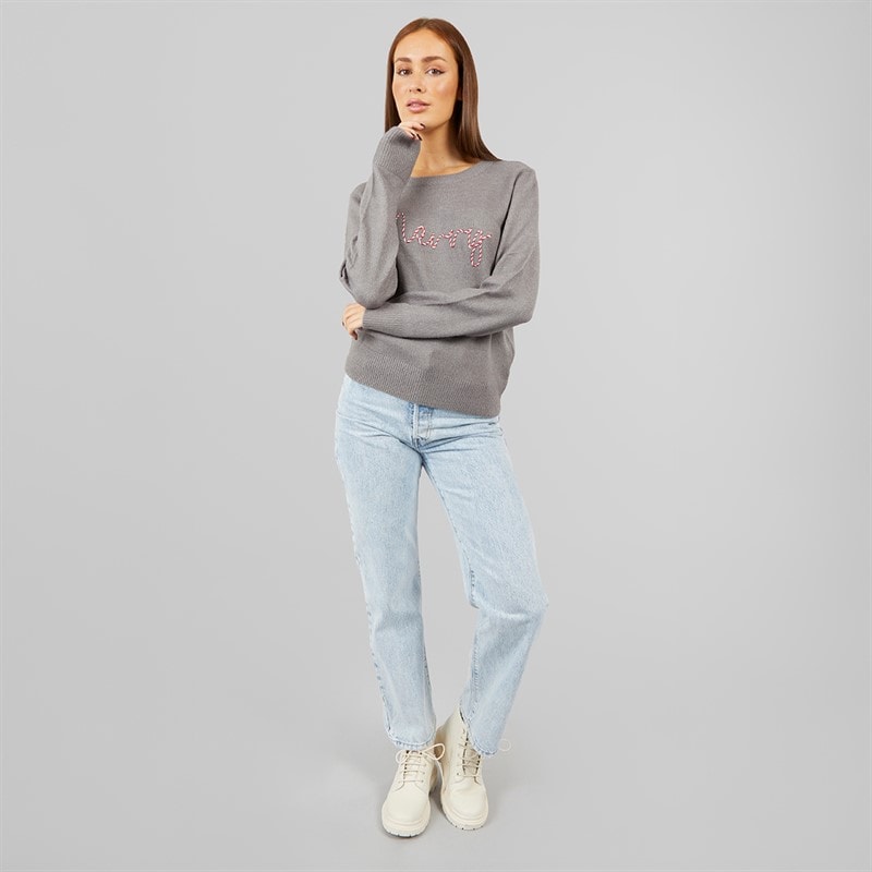 Womens Merry Christmas Jumper Grey Marl - Image 4